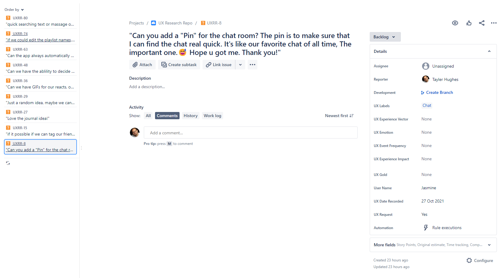 UXRR Jira ticket view with custom fields